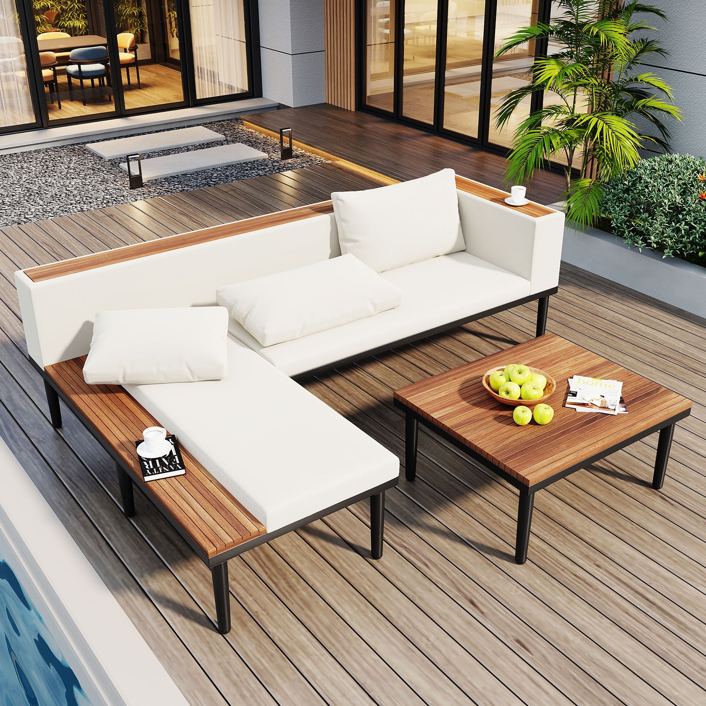 Lucvara Outdoor Patio Furniture Set – Luxury L-Shaped Acacia Wood Sofa with Coffee Table, Side Table & Removable Cushions, Beige