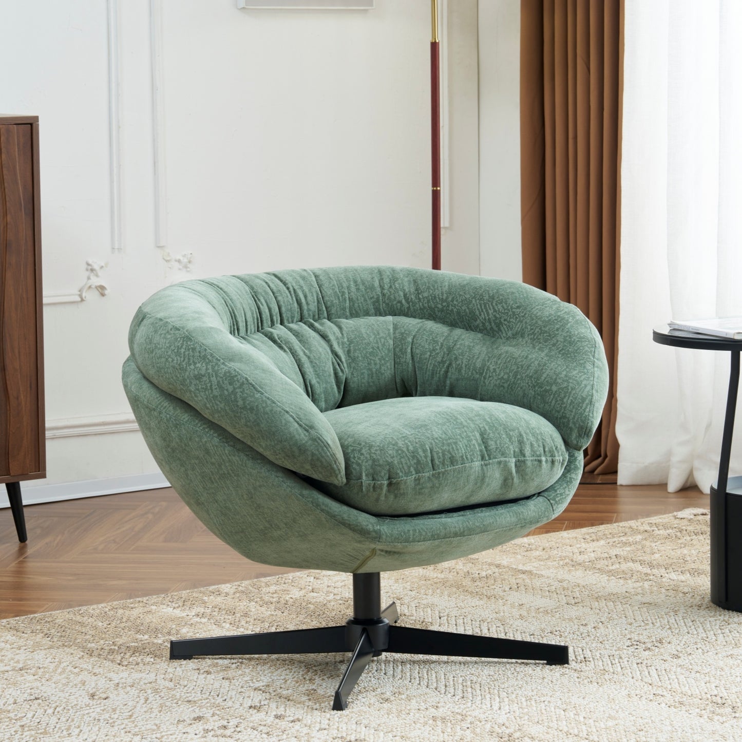 Lucvara Modern Chenille Office Chair – 360° Swivel Round Club Accent Chair with Removable Cushion, Black Metal Base, Cotton Chenille Upholstery, Green Lounge Chair for Living Room, Bedroom, or Office