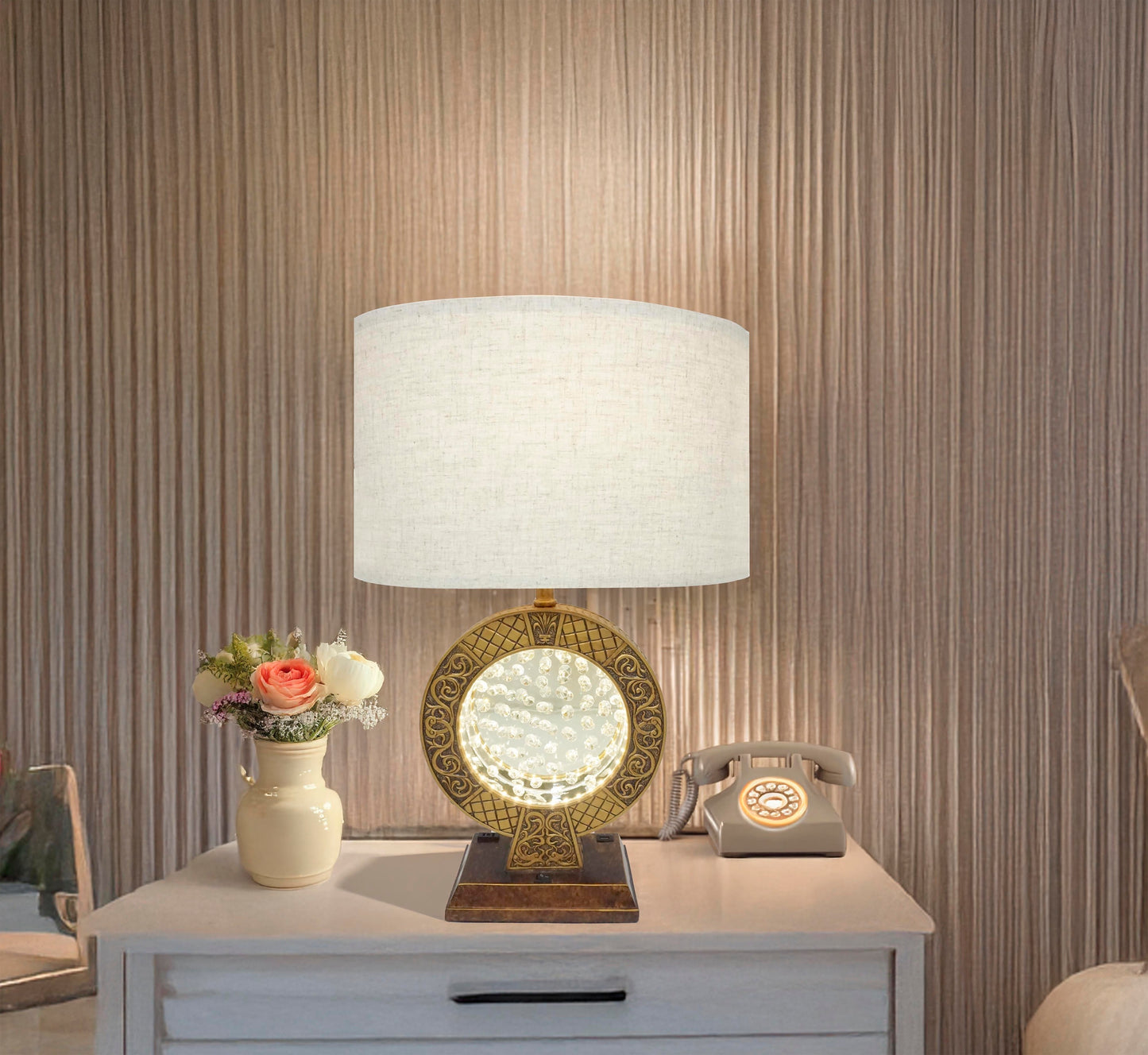 Lucvara 28-Inch Antique Table Lamp – Polyresin Base with Floating Crystal Center Decoration