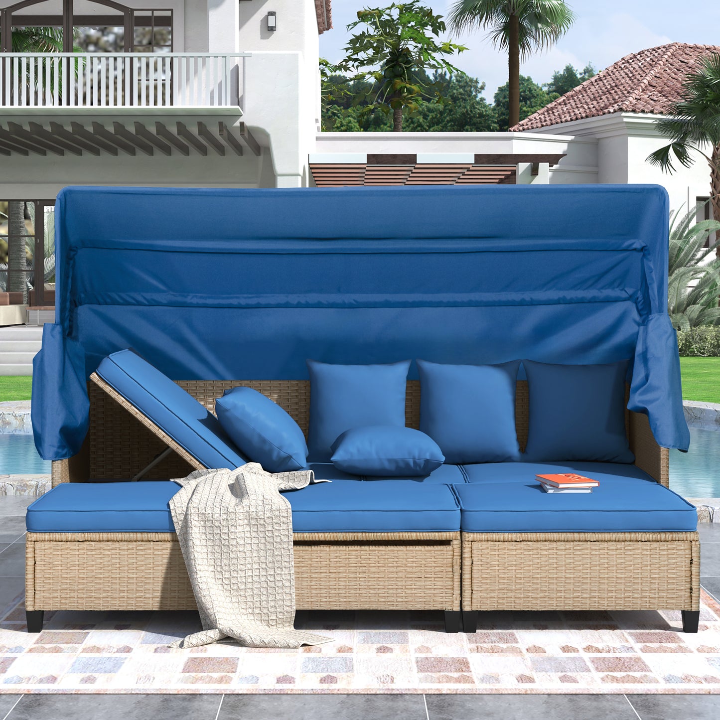 Lucvara 4-Piece Outdoor Patio Sofa Set – UV-Proof Resin Wicker Sectional with Retractable Canopy, Cushions & Adjustable Lift Table, Blue