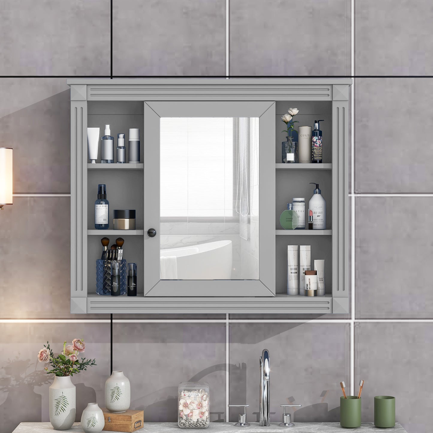 Lucvara 35'' x 28'' Wall Mounted Bathroom Storage Cabinet – Modern Mirror Medicine Cabinet with 6 Open Shelves, Wall Cabinet for Bathroom (Vanity Not Included)
