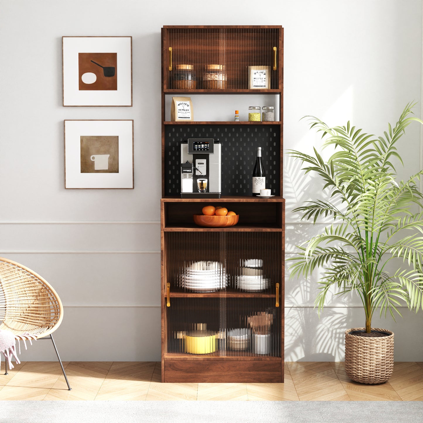 Lucvara Kitchen Pantry Sideboard – Freestanding Storage Cabinet with 2 Sliding Striped Glass Doors for Bottles, Wine, Coffee Machine, Microwave Oven