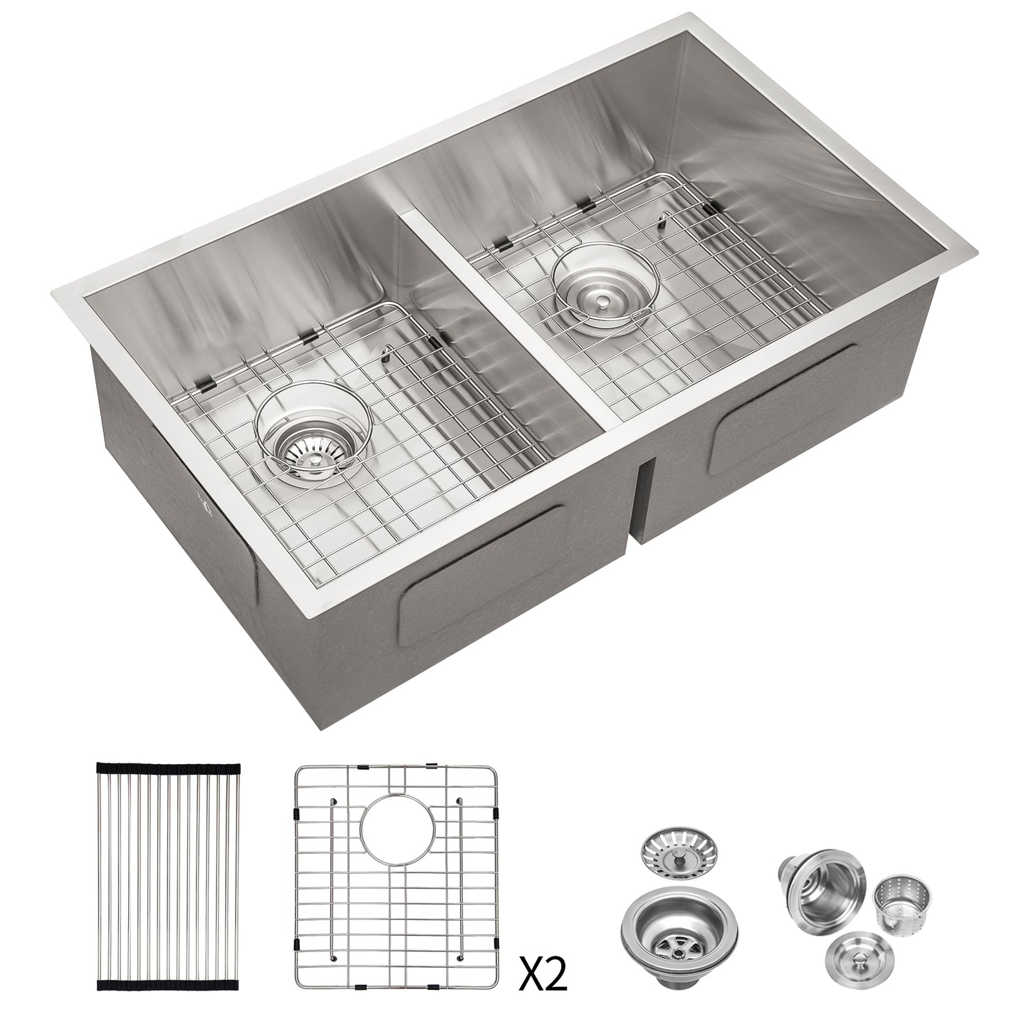 Lucvara Brushed Nickel Double Bowl Undermount Kitchen Sink, 16-Gauge Stainless Steel with Two 10" Deep Basins