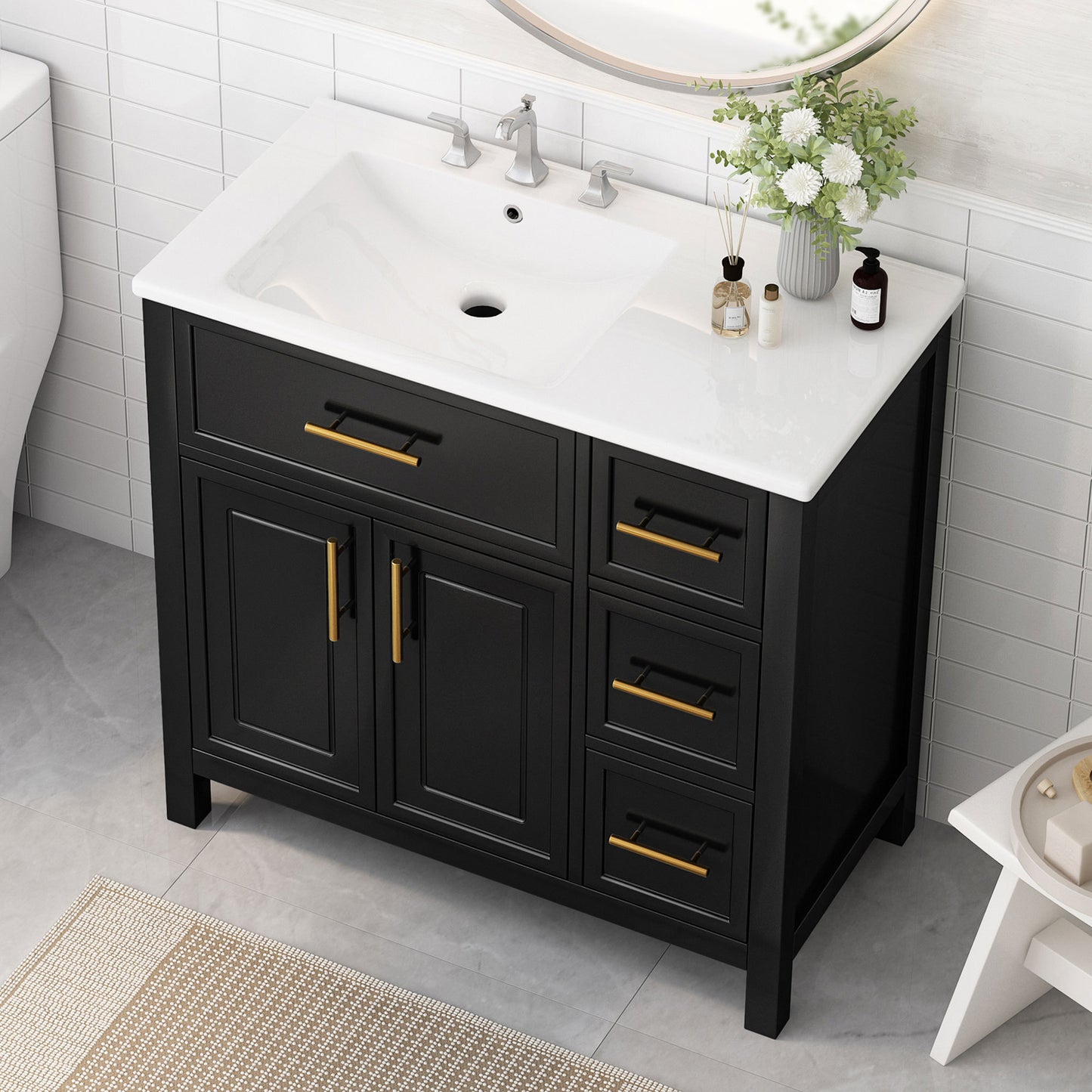 36' Bathroom Vanity with Sink Top, Bathroom Vanity Cabinet with Two Doors and Three Drawers, Solid Wood , MDF Boards ,One Package, Black(Old SKU:N725P198316B)