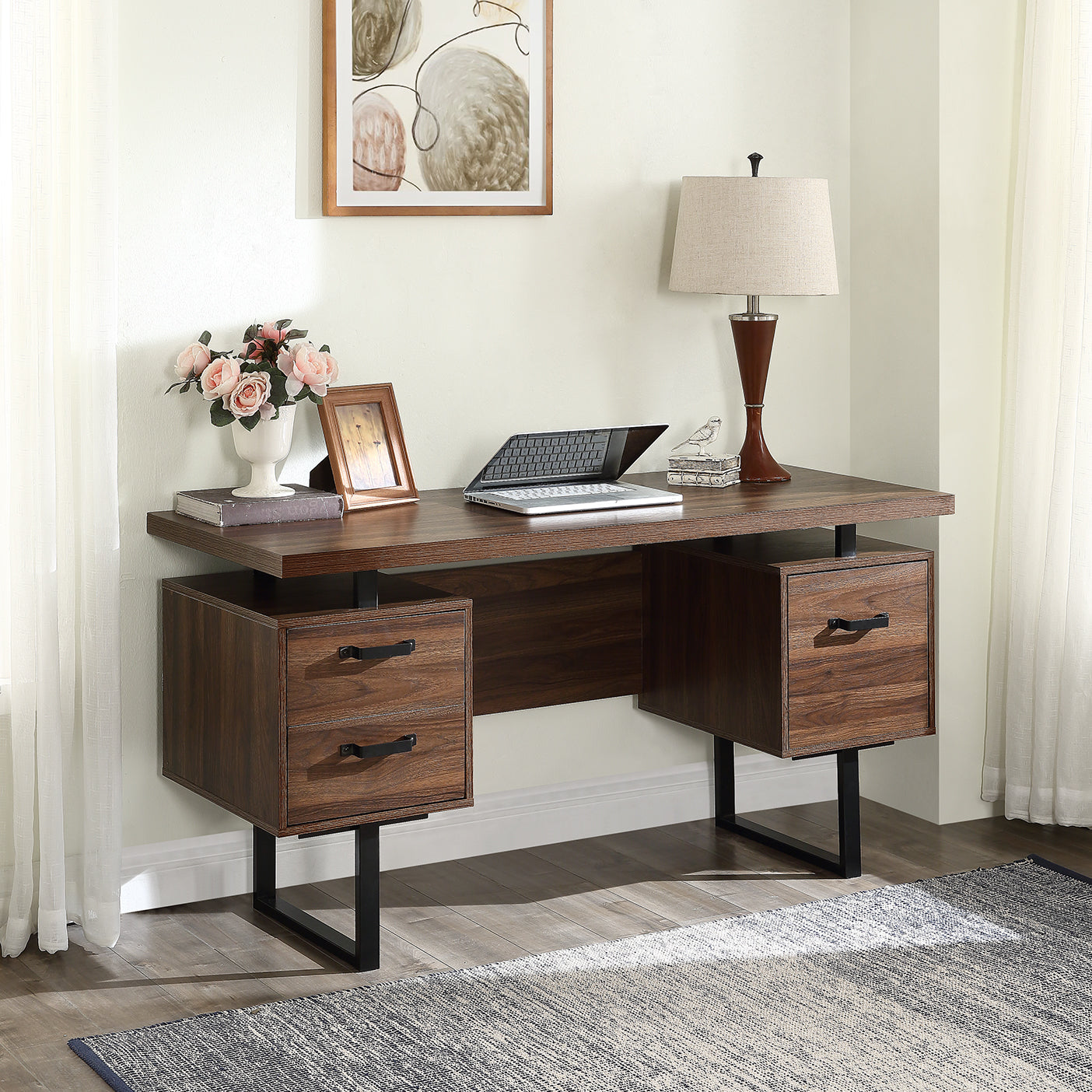 Lucvara Home Office Computer Desk with Drawers and File Cabinet, 59 Inch Writing Study Table with Storage for Hanging Letter-Size Files