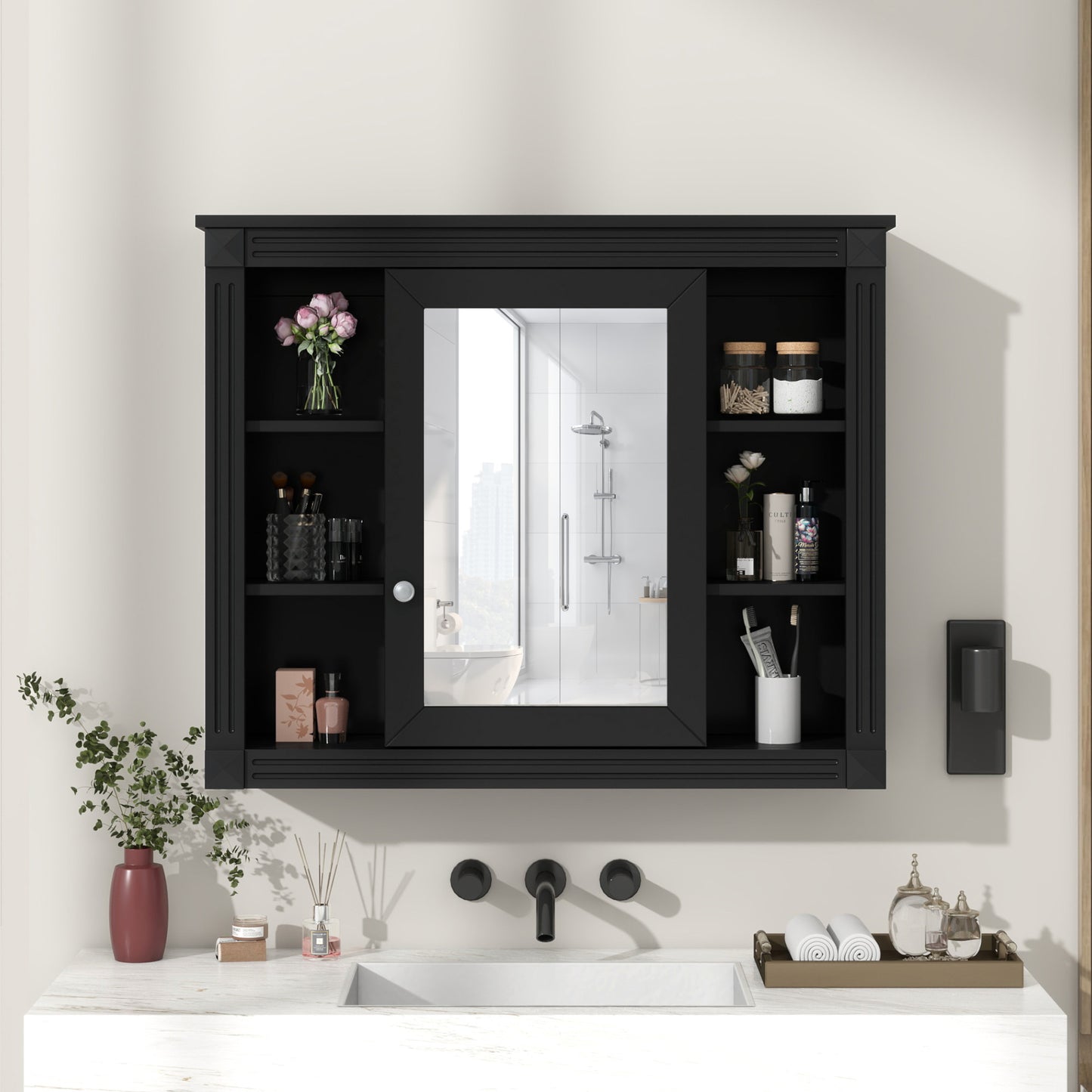 Lucvara 35x28'' Wall Mounted Bathroom Storage Cabinet – Modern Medicine Cabinet with Mirror and 6 Open Shelves, Bathroom Wall Cabinet (Vanity Not Included)