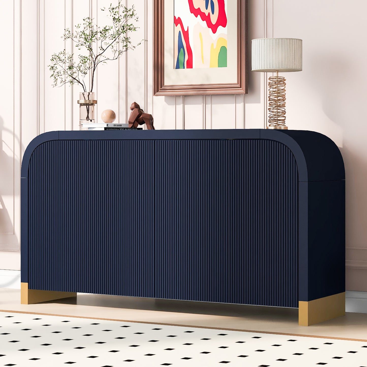 Lucvara 4-Door Curved Corner Cabinet with Wavy Door Panels and Adjustable Shelves - Ideal for Study, Living Room & Entryway