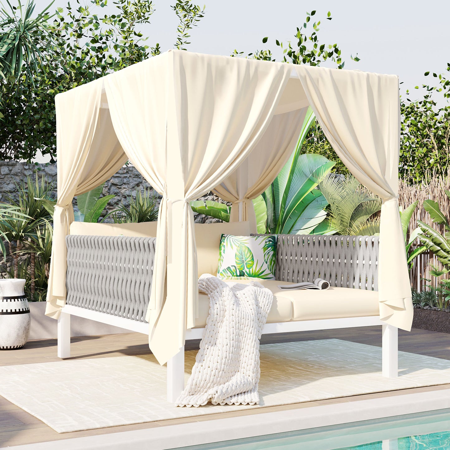 Lucvara Outdoor Patio Sunbed with Curtains, Comfortable Daybed Lounger for Garden, Deck, or Poolside