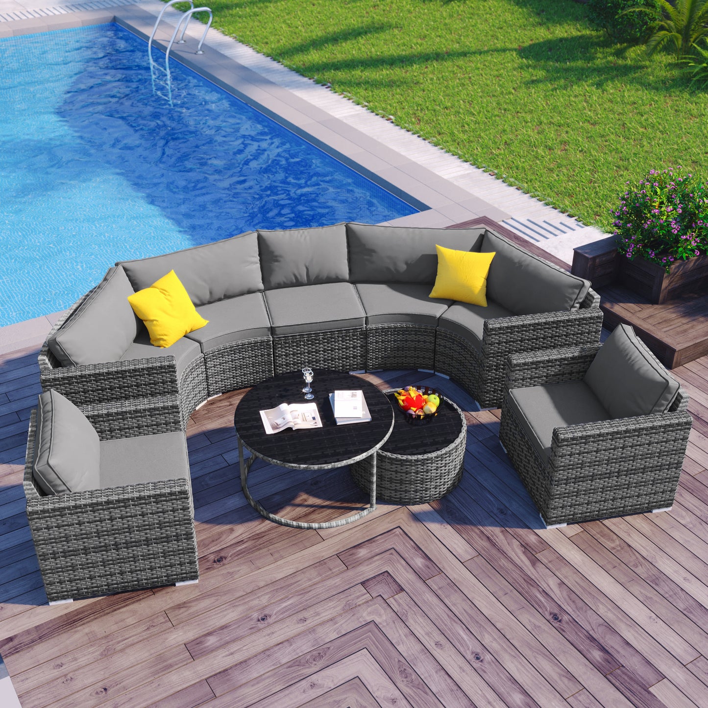 Lucvara 9-Piece Outdoor Half-Moon Patio Sofa Set, Modern Round Wicker Sectional Conversation Set with Cushions, Gray