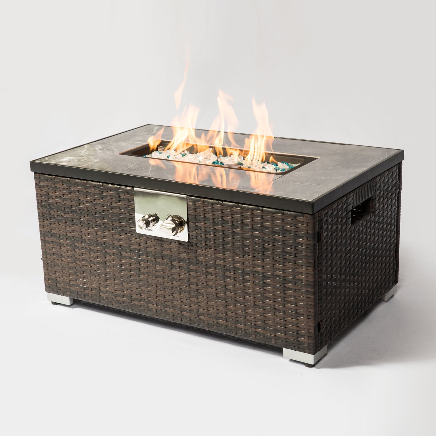 Lucvara 32″ Outdoor Propane Fire Pit Table – 50,000 BTU Rectangular Gas Fire Table with Tile Tabletop & Wicker Base, Brown