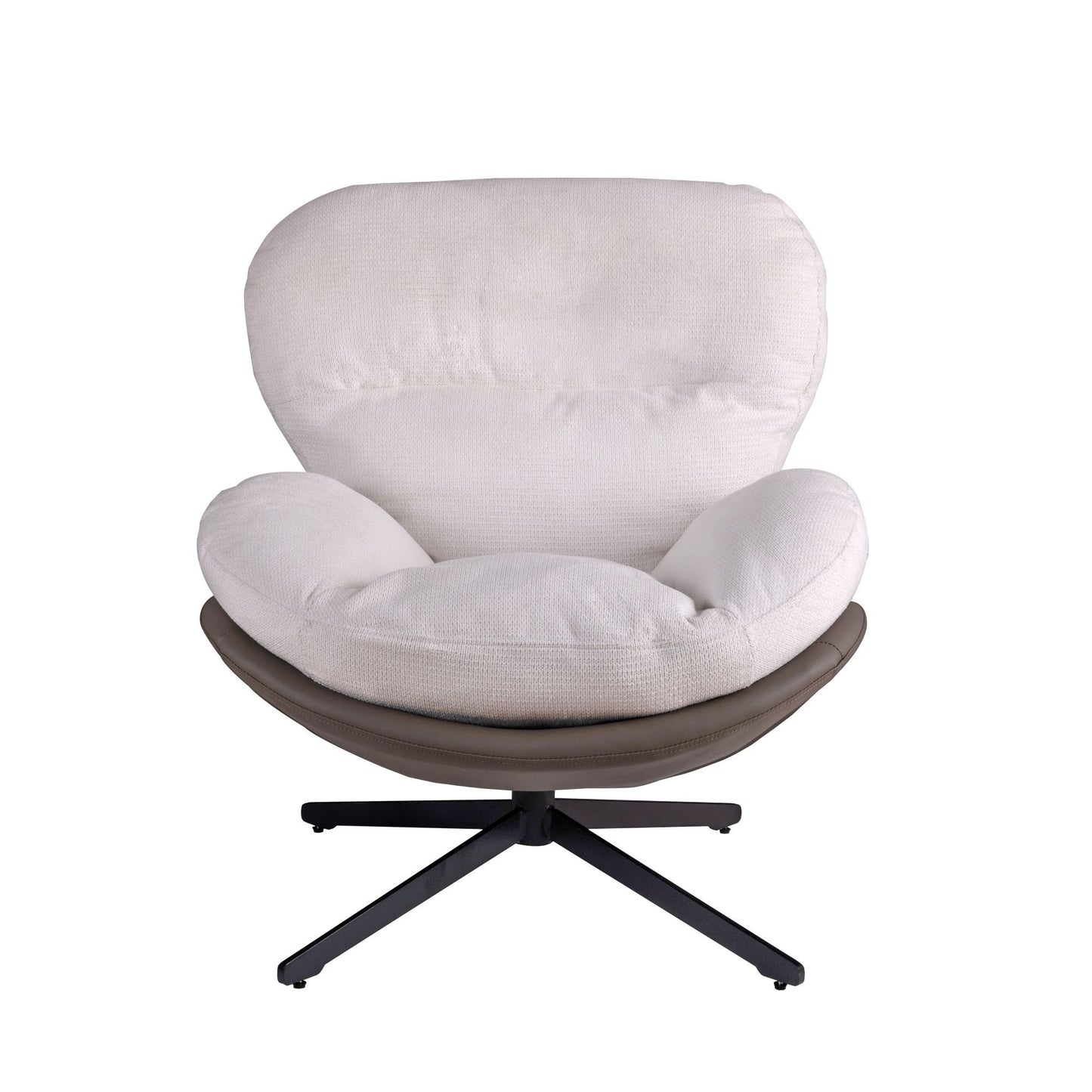 Lucvara 360° Swivel Office Chair – Modern White Chenille Upholstered Accent Chair with Faux Leather Trim & Black Metal Base, Armless No-Wheel Lounge Chair for Living Room, Bedroom, or Office