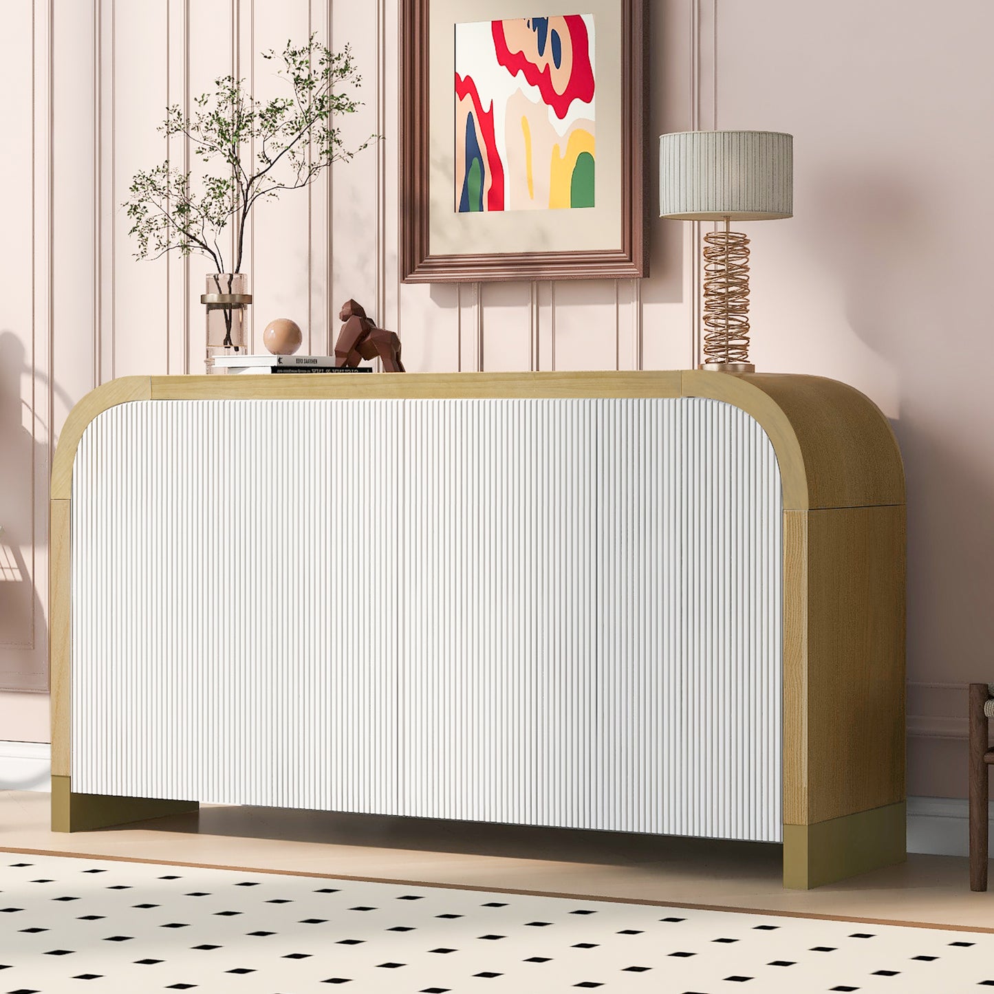 Lucvara 4-Door Curved Corner Cabinet with Wavy Door Panels and Adjustable Shelves - White, Living Room & Entryway