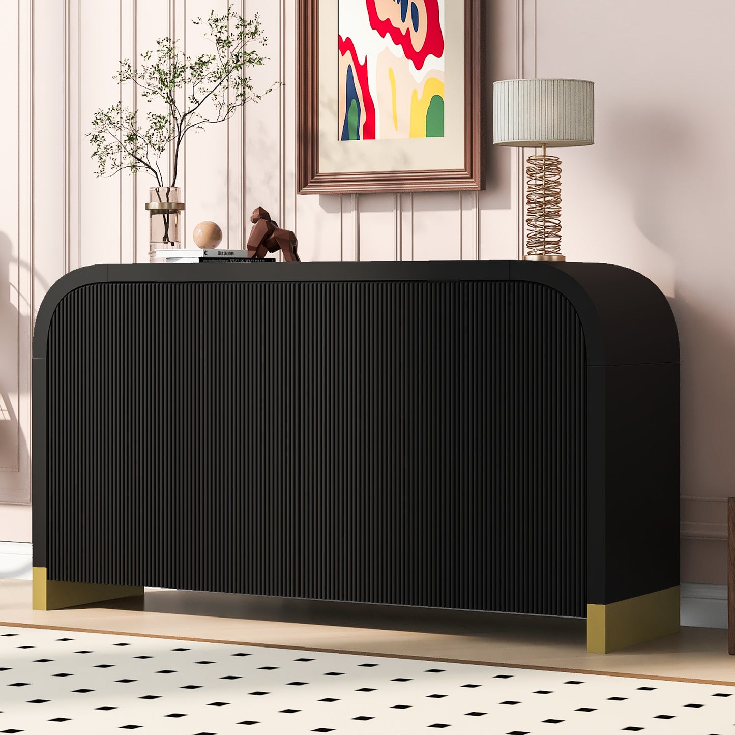 Lucvara 4-Door Curved Corner Cabinet with Wavy Door Panels and Adjustable Shelves - Black, Living Room & Entryway