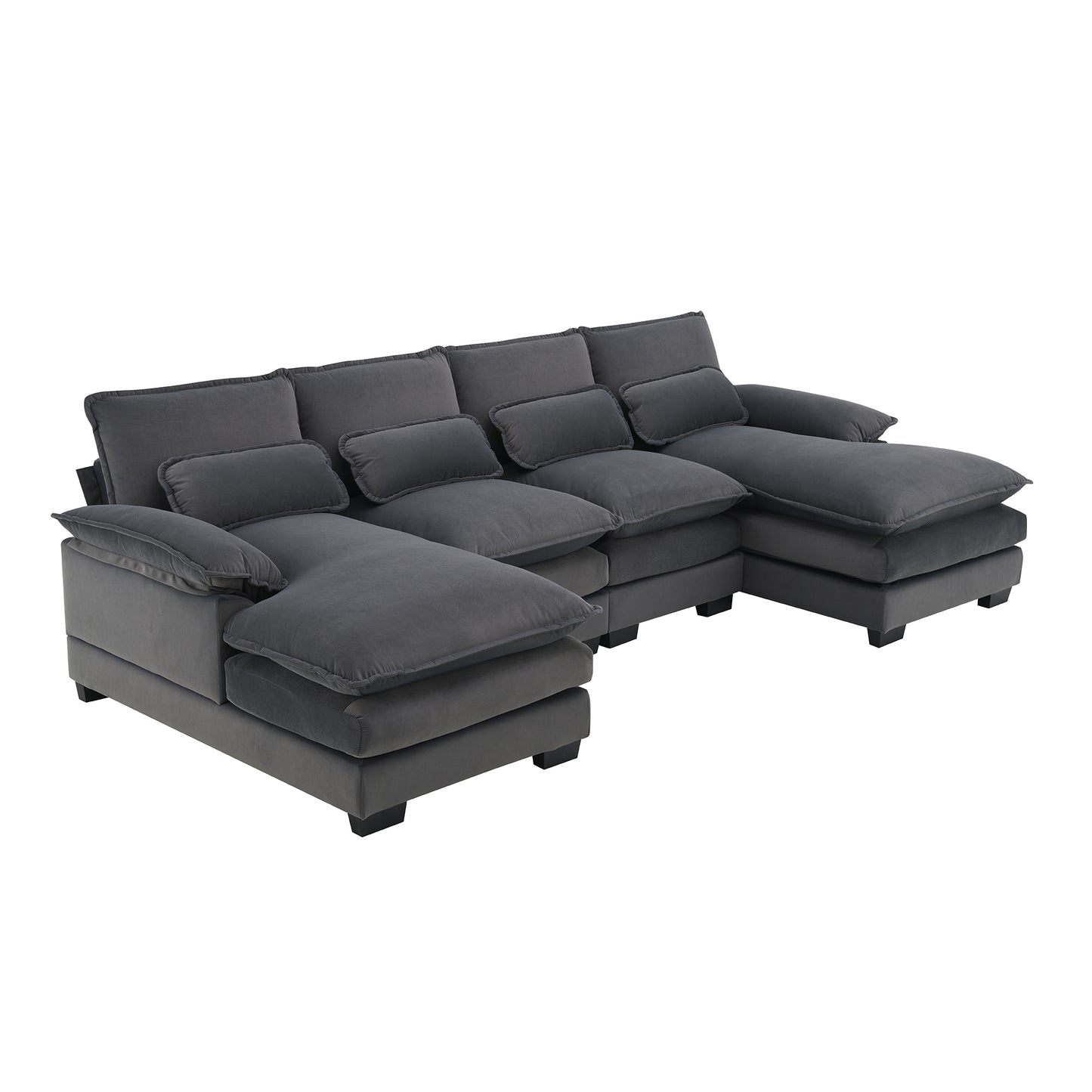 Lucvara Modern U-Shaped Sectional Sofa, 6-Seat Velvet Upholstered Sleeper Sofa with Chaise Lounge and Waist Pillows, Gray (109.8" x 55.9")