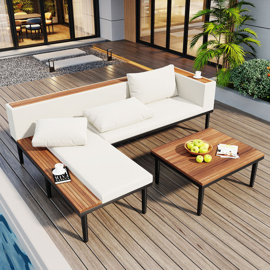 Lucvara Outdoor Patio Furniture Set – Luxury L-Shaped Acacia Wood Sofa with Coffee Table, Side Table & Removable Cushions, Beige