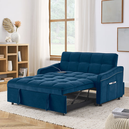 Lucvara Loveseat Sofa Bed with Pull-Out Bed, Adjustable Backrest, USB & Type-C Charging Ports, Side Pockets, Nailhead Trim, Blue Fabric Couch (47" x 53" x 31")