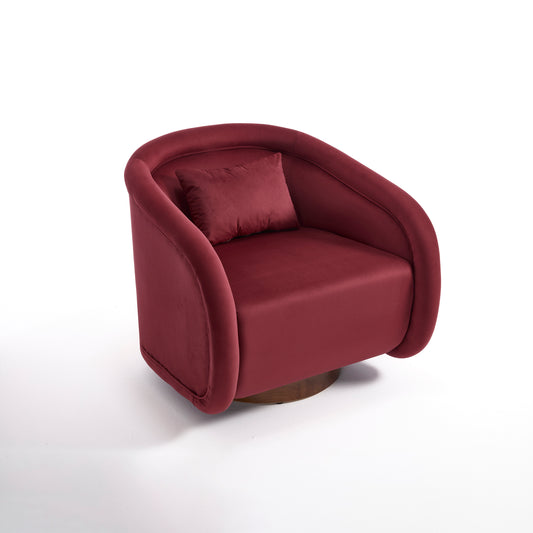Wine Red Swivel Barrel Chair with Velvet Upholstery, 360-Degree Rotating Accent Chair for Living Room, Bedroom, or Office, Made of Solid Rubber Wood and High-Density Foam