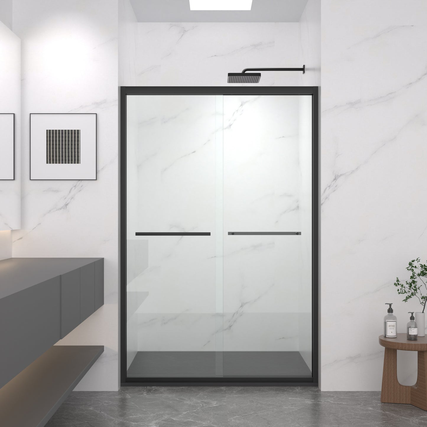 Lucvara 44–48" W x 72" H Double Sliding Shower Door – Matte Black Aluminum Frame, Premium 5/16" (8mm) Clear Tempered Glass, Bypass Sliding Bathroom Enclosure with Black Hardware