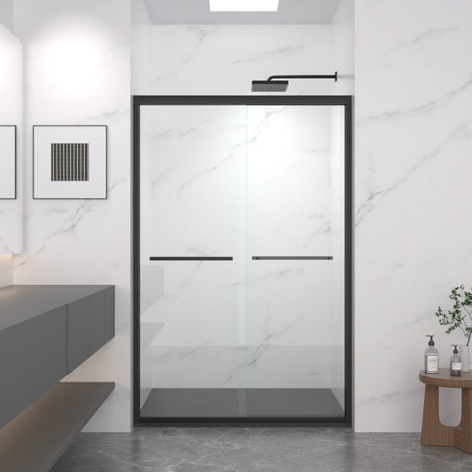 Lucvara 44–48" W x 72" H Double Sliding Shower Door – Matte Black Aluminum Frame, Premium 5/16" (8mm) Clear Tempered Glass, Bypass Sliding Bathroom Enclosure with Black Hardware