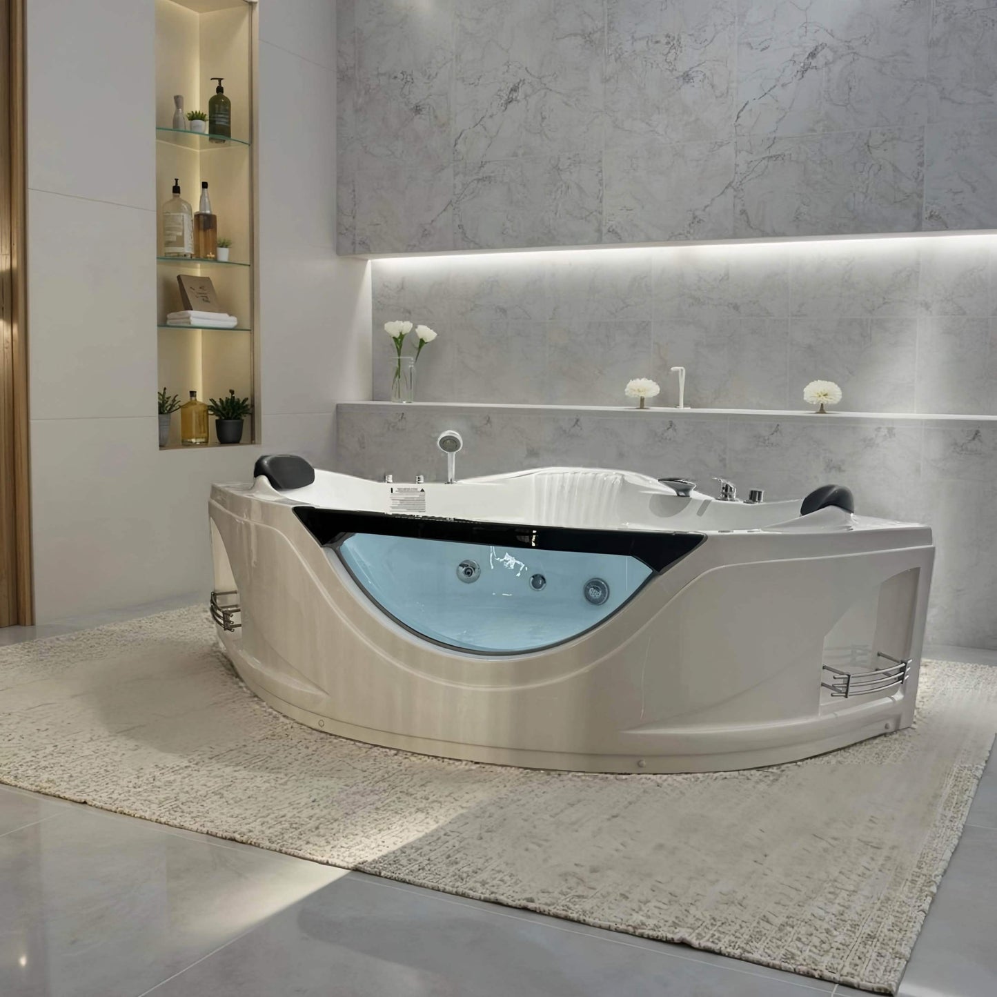 Lucvara 59" Corner Whirlpool Bathtub for 2-Person, Luxury Jetted Spa Tub with 6 Hydro Massage Jets, Chromatherapy LED Lights, Pneumatic Adjust System, UL Certified Water Pump, and UPC Certified Drain