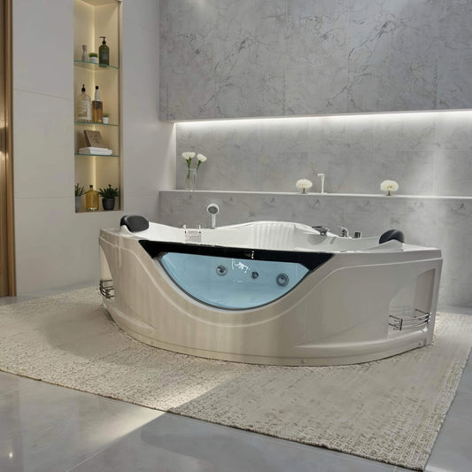 Lucvara 59" Corner Whirlpool Bathtub for 2-Person, Luxury Jetted Spa Tub with 6 Hydro Massage Jets, Chromatherapy LED Lights, Pneumatic Adjust System, UL Certified Water Pump, and UPC Certified Drain