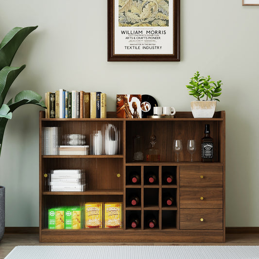 Lucvara Sideboard Cabinet with 2 Sliding Striped Glass Doors – Freestanding Storage Counter for Wine, Bottles, and Kitchen Essentials