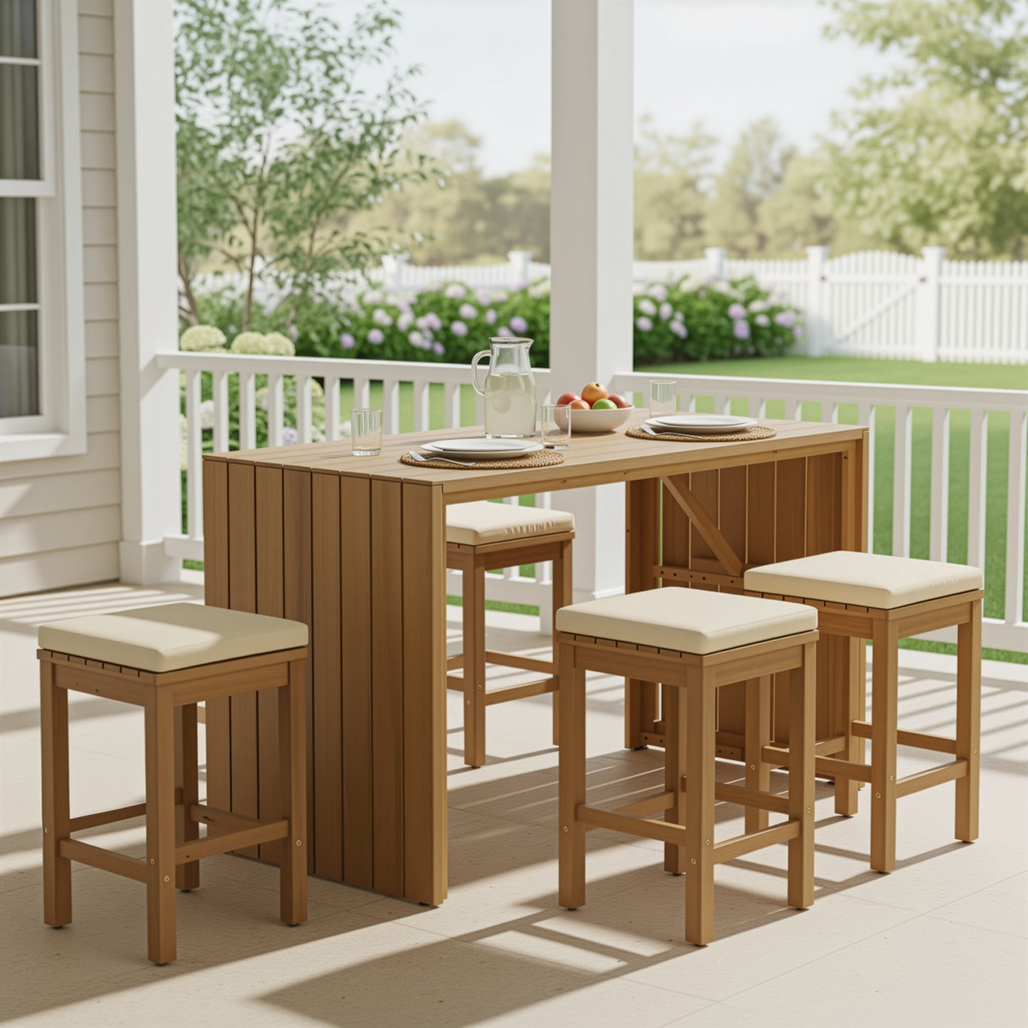 Lucvara 5-Piece Patio Bar Set – Acacia Wood Bar-Height Table and 4 Cushioned Stools, Outdoor Dining for Backyard, Poolside, Balcony, Beige