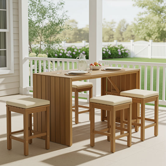 Lucvara 5-Piece Patio Bar Set – Acacia Wood Bar-Height Table and 4 Cushioned Stools, Outdoor Dining for Backyard, Poolside, Balcony, Beige