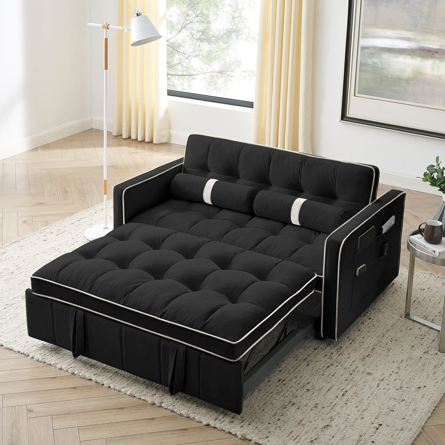 Lucvara 2-Seater Pull-Out Sleep Sofa Bed – 55.5″ Modern Loveseat Couch with Adjustable Backrest, Side Pockets & Lumbar Pillows for Living Room or Office