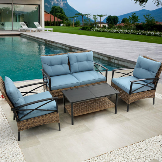 Lucvara Outdoor 4-Piece Rattan Wicker Sectional Sofa Set with Cushions – Low Dining Patio Corner Conversation Set, Garden Furniture