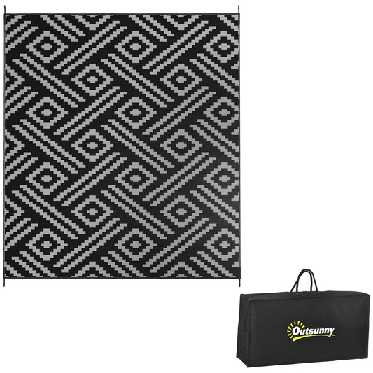 Lucvara 8' x 10' Reversible Outdoor Rug – Waterproof Plastic Straw Floor Mat for Backyard, Deck, Picnic, Beach, Portable RV Camping Carpet with Carry Bag, Black & Gray Geometric