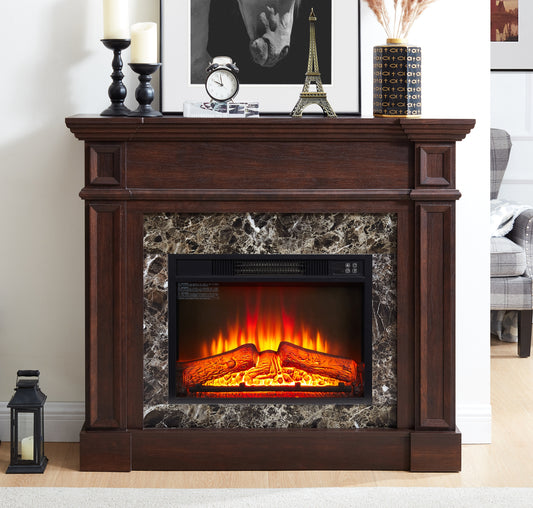 Lucvara Freestanding Electric Fireplace with Mantel – Stacked Stone Surround, LED Flame Heater with Remote & Timer, Cherry Finish, 45.66″W × 11.8″D × 40″H