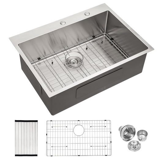 Lucvara Modern Brushed Nickel Kitchen Sink – 30"x22" Drop-In, 16 Gauge Stainless Steel Single Bowl Topmount Basin