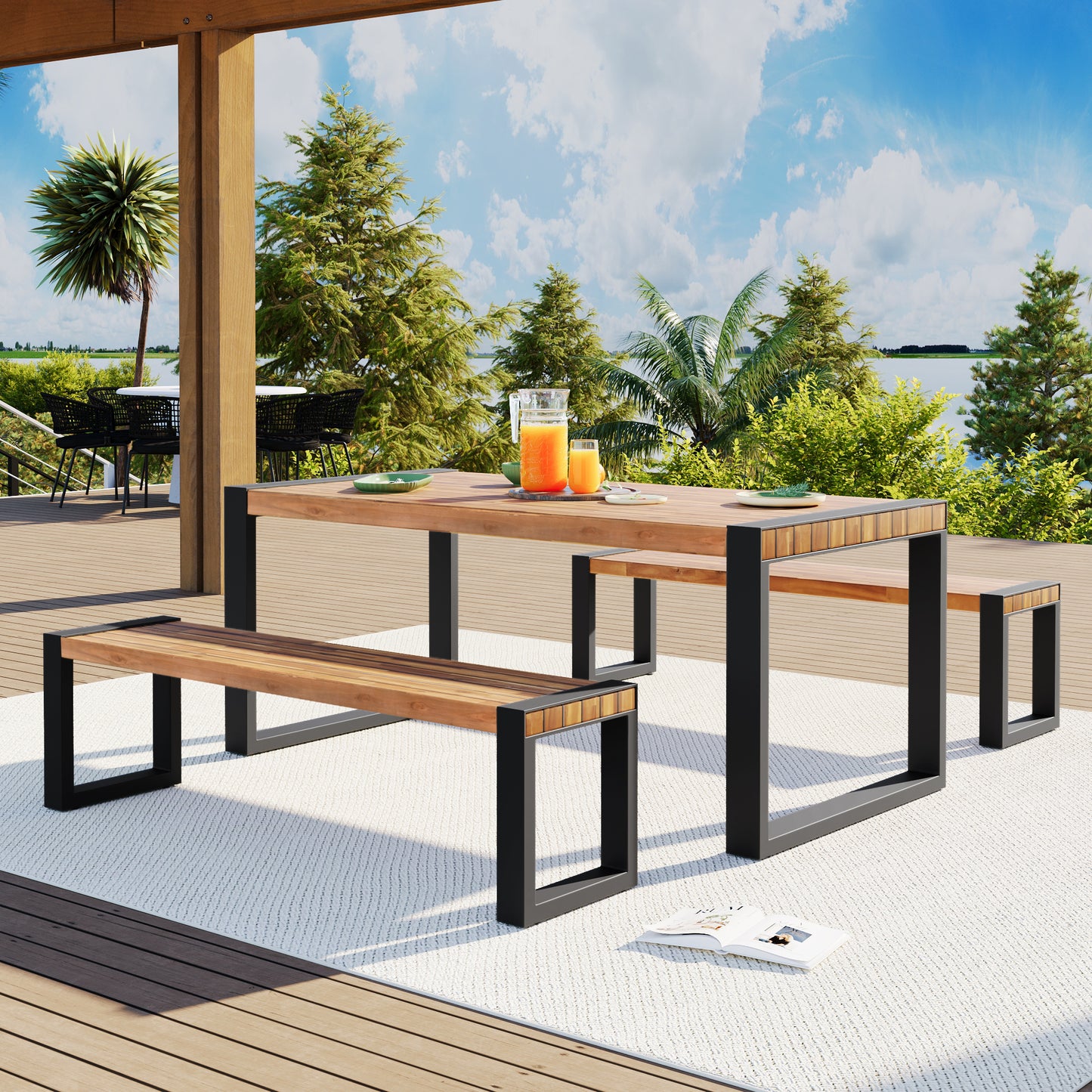 Lucvara 3-Piece Patio Dining Set – Outdoor/Indoor Acacia Wood Table with 2 Benches, All-Weather Steel Frame, Natural