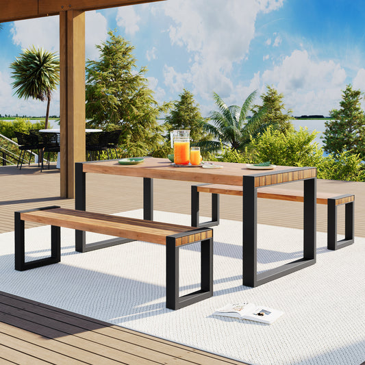 Lucvara 3-Piece Patio Dining Set – Outdoor/Indoor Acacia Wood Table with 2 Benches, All-Weather Steel Frame, Natural