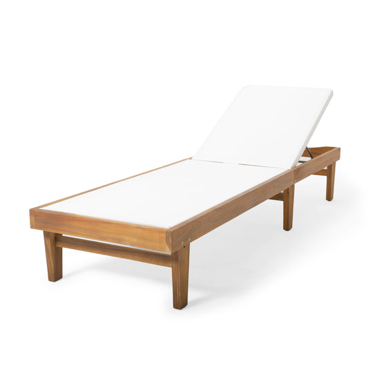Lucvara Outdoor Chaise Lounge Chair with Acacia Wood Frame, Teak Finish with White Cushions