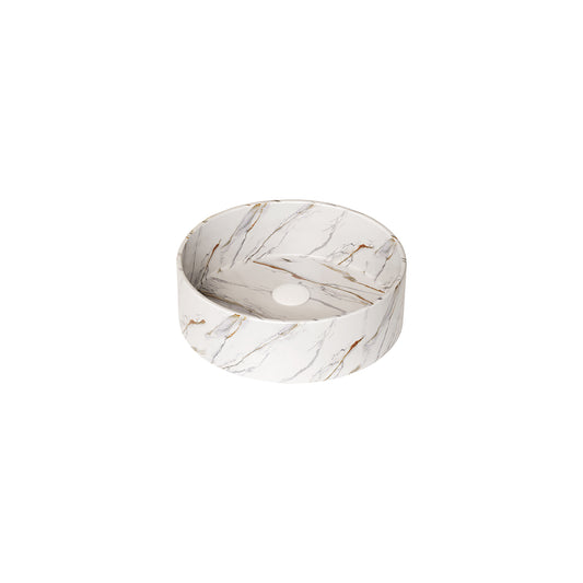 Lucvara 14" Round Ceramic Vessel Bathroom Sink with Stone Pattern, Glossy White – No Faucet or Cabinet Included