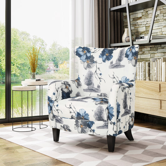 Lucvara Contemporary Vintage Print Club Chair – White & Blue Patterned Fabric Upholstered Armchair, Stylish Accent Chair for Living Room, Bedroom, or Reading Corner