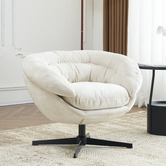 Lucvara Modern Chenille Office Chair – 360° Swivel Round Club Accent Chair with Removable Cushion, Black Metal Base, Cotton Chenille Upholstery, Beige Lounge Chair for Living Room, Bedroom, or Office