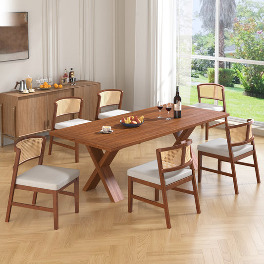 Rattan Dining Chairs Set of 2, Fabric Upholstered Kitchen Side Chair, Curved Rattan Back, with  Hardwood Frame, Armless Chairs for Kitchen/Restaurant, Walnut