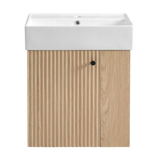 Lucvara Modern Floating Bathroom Vanity – 21.6" Wall-Mounted Vanity with Ceramic Basin & Right-Side Storage Cabinet, Wood Finish