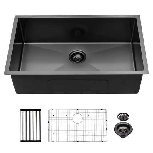 Lucvara 32" Gunmetal Black Undermount Kitchen Sink, 16-Gauge Stainless Steel Single Bowl, 10" Deep