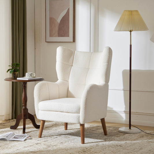 Lucvara 41" High Back Accent Chair – Comfy White Teddy Wool Armchair with Thick Upholstery & Solid Birch Wood Legs, Modern Upholstered Lounge Chair for Living Room or Bedroom