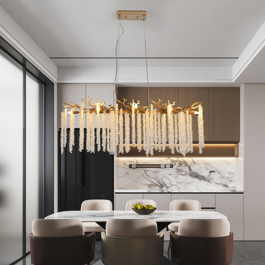 Lucvara 39" Modern Gold Pendant Light with Cascading Crystal Strands, Luxury Decorative Lighting Fixture for Living Room, Dining Room, or Foyer, Bulb Not Included