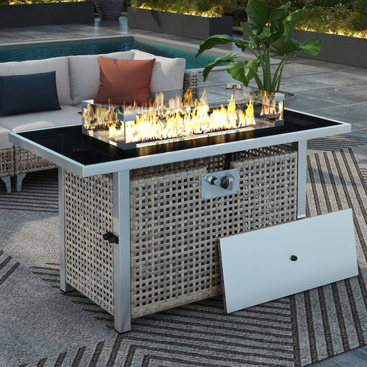 Lucvara 43″ Outdoor Propane Fire Pit Table – 60,000 BTU Rectangular Gas Fire Table with Open-Weave Wicker & Glass Wind Guard, Grey