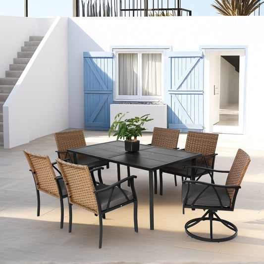 Lucvara Outdoor 7-Piece Wicker Patio Dining Set – Table with 2 Swivel Rocker Chairs, 4 Cushioned Chairs & Removable Cushions for Garden, Deck, or Poolside