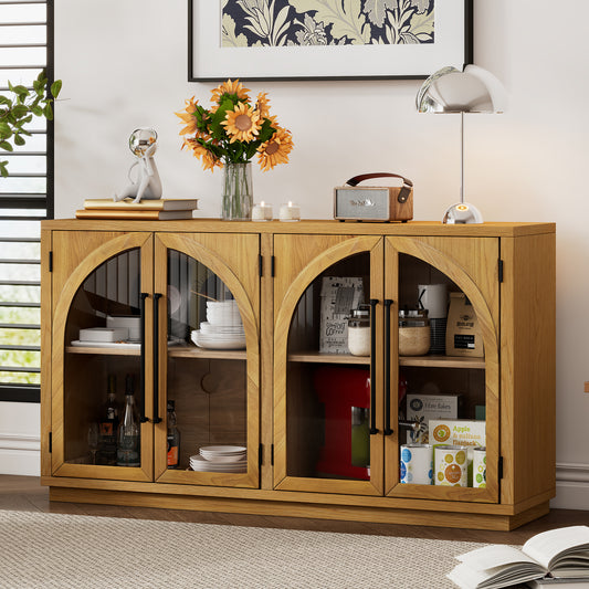 TREXM 4-Door Large Storage Sideboard Buffet Cabinet with Glass Doors, Arched Cabinet with Adjustable Shelves for Kitchen, Dining Room and Living Room (Natural Wood)