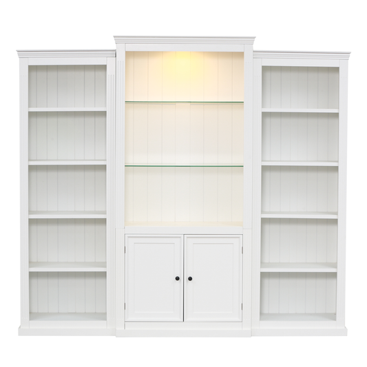 Lucvara Retro Style 3-Piece Bookcase Display Cabinet with Adjustable LED Lighting, Tempered Glass Shelves, White, Home or Office Storage