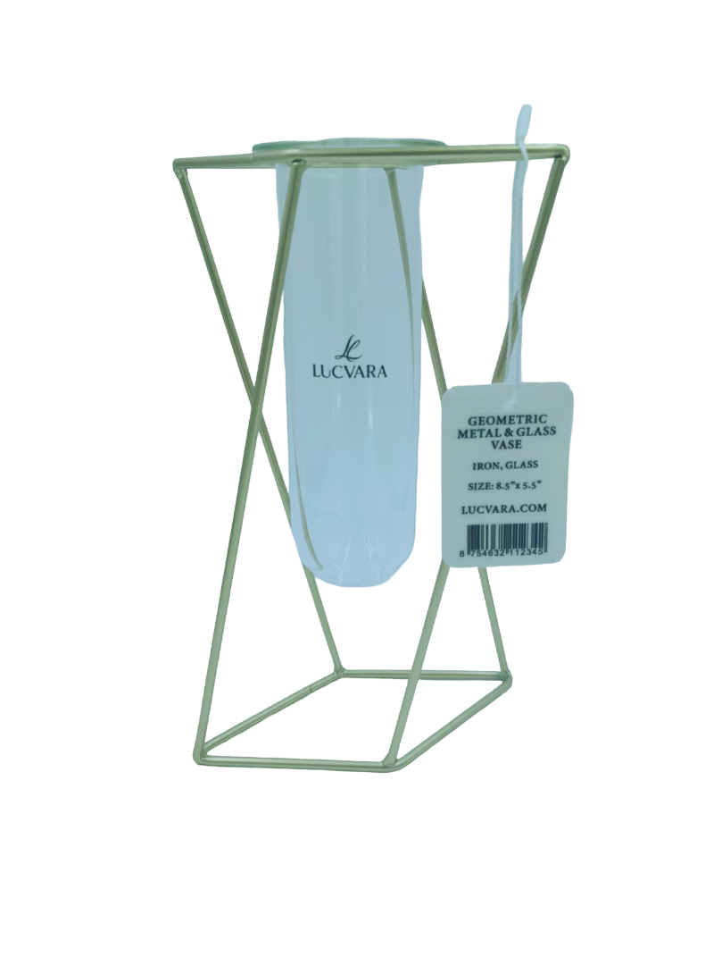 Lucvara Geometric Metal & Glass Vase – 8.5" x 5.5" Modern Decorative Flower Vase with Gold Iron Frame and Clear Glass Tube, Minimalist Centerpiece for Home, Office, or Events