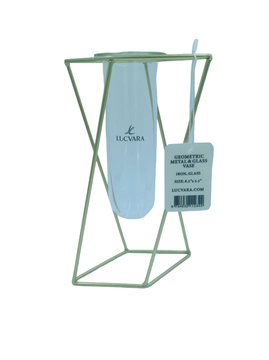 Lucvara Geometric Metal & Glass Vase – 8.5" x 5.5" Modern Decorative Flower Vase with Gold Iron Frame and Clear Glass Tube, Minimalist Centerpiece for Home, Office, or Events